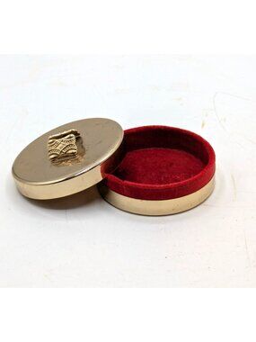 Vintage Napier Gold Tone Metal Trinket Pill Box Round Red Velvet Lining 2.5"